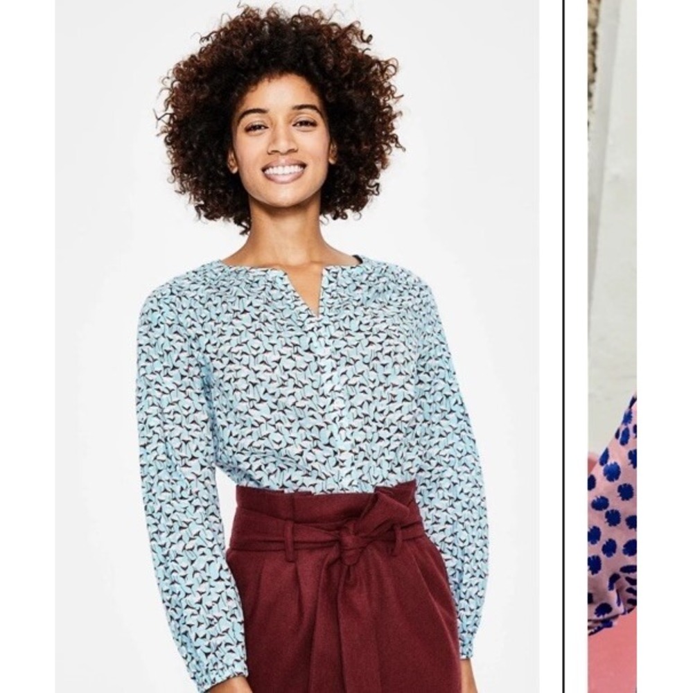 Boden Esme Floral Print Linen Blend Puff Sleeve Button Front Blouse Blue US 6